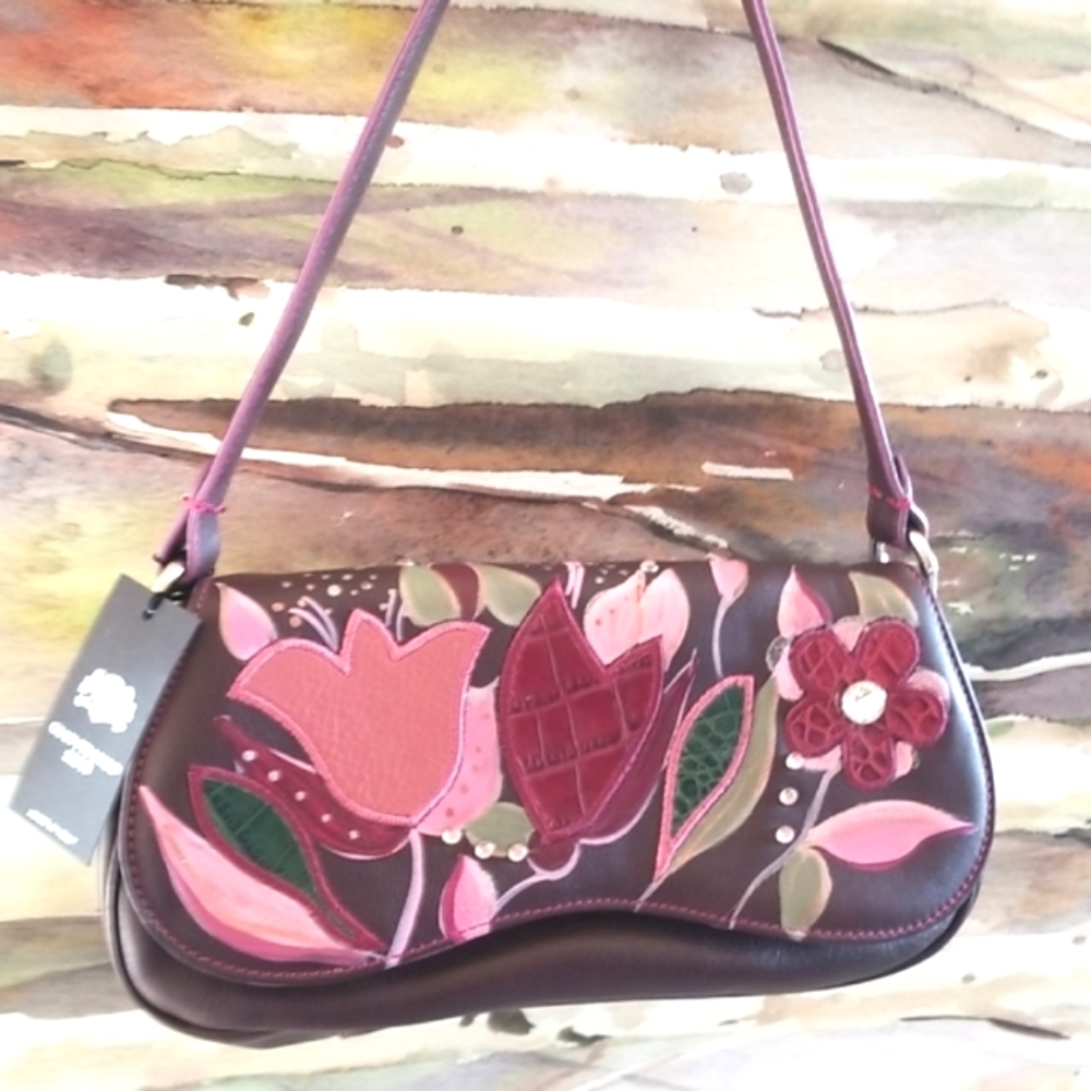 ARTSY GIAN Franco SISTI Wine Floral Collage Appliques Leather Shoulder Bag NWT - Picture 2 of 13